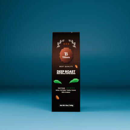Deep roast coffee medium dark arabica beans with cocoa notes