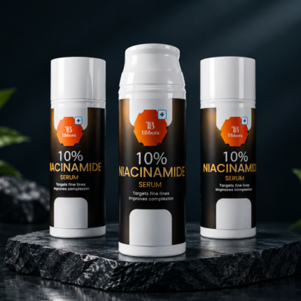 Tibbora 10% Niacinamide Serum bottles on a dark premium background