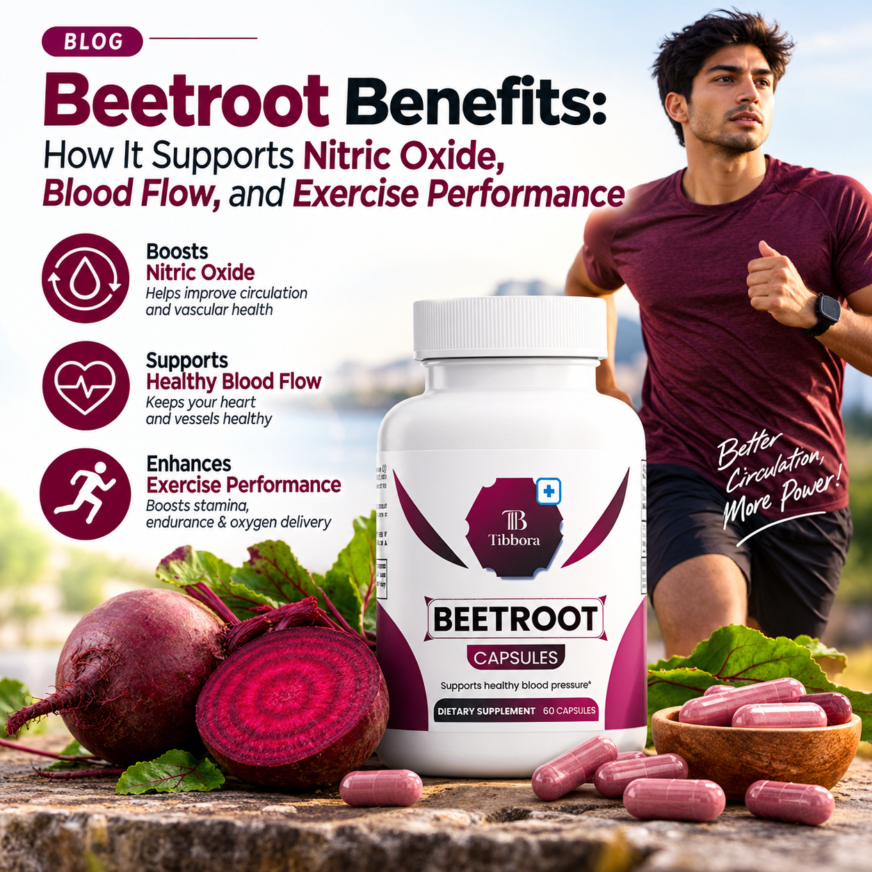 Tibbora beetroot capsules for nitric oxide support, healthy blood flow, and exercise performance.