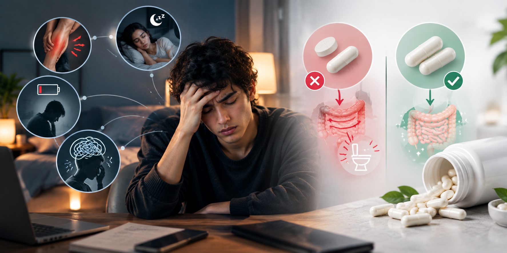 Magnesium deficiency symptoms including fatigue, muscle cramps, poor sleep, stress, and digestive absorption