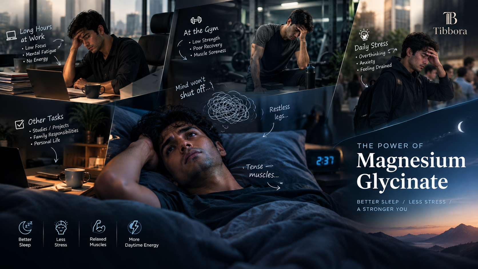 Person experiencing restless sleep, daily stress, muscle tension, and fatigue while exploring magnesium glycinate benefits