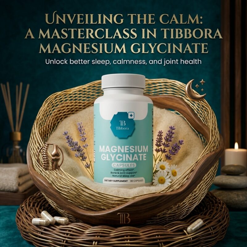 Premium bottle of Tibbora Magnesium Glycinate capsules on a natural wellness display, highlighting benefits like deep sleep, muscle relaxation, and stress relief.